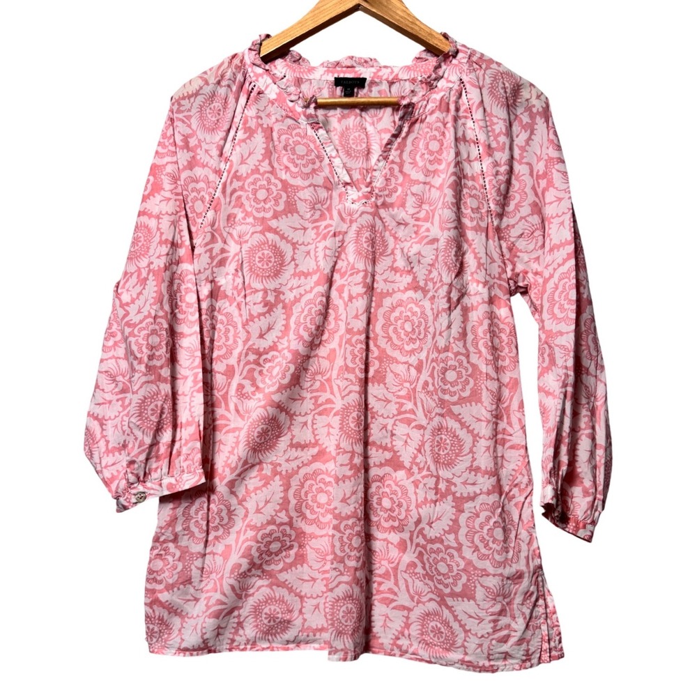 Talbots Womens Pink Floral Cotton Tunic Top‎ Ruffle V-Neck Ladder Lace Size M
